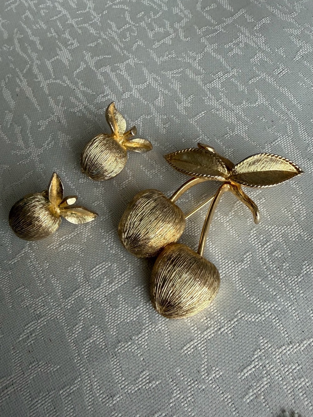 Vintage Sarah Coventry Set Gold Cherry Brooch Gold Cherries Clip On Earrings